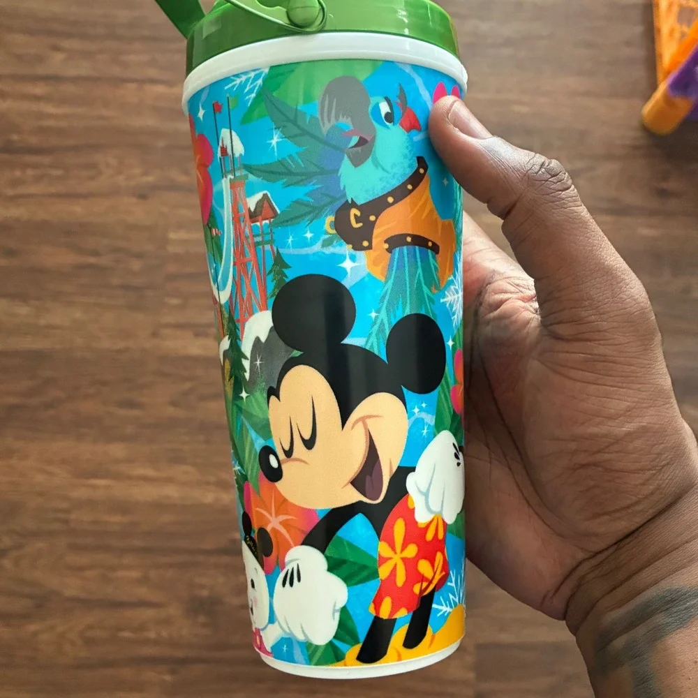 Disney Typhoon Lagoon Mickey Mouse refillable Tumbler lot w/ Green Lid And Straw
